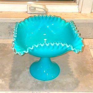 Fenton Milk Glass Turquoise 11.5 Inches Silver Crest Footed Compote Bowl EUC